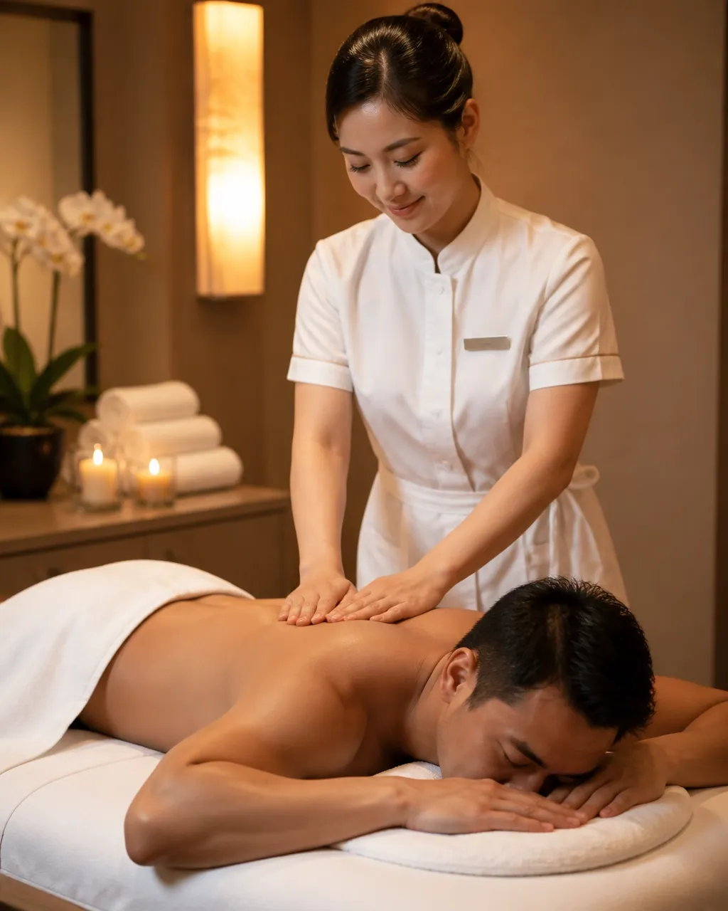A professional massage therapist giving a soothing back massage to a relaxed client in a warm, serene studio